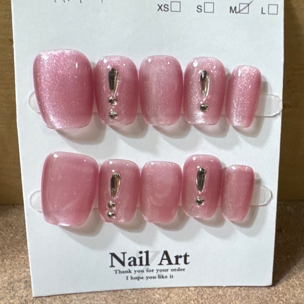 Pink Cat Eye Press On Nails Medium Square Silver Exclamation Point Charms Size M